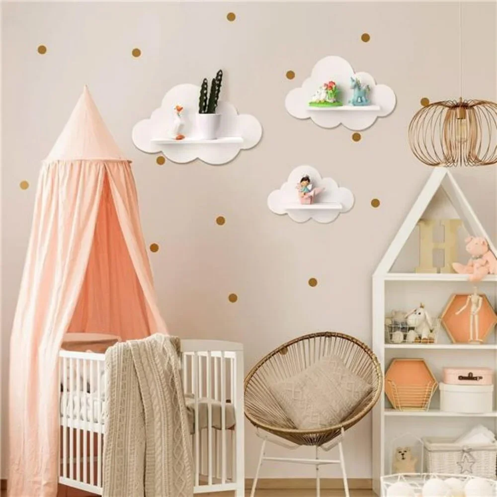 Set of 3 White Cloud Floating Shelves Wall Mounted Nursery Bedroom Bathroom Deco